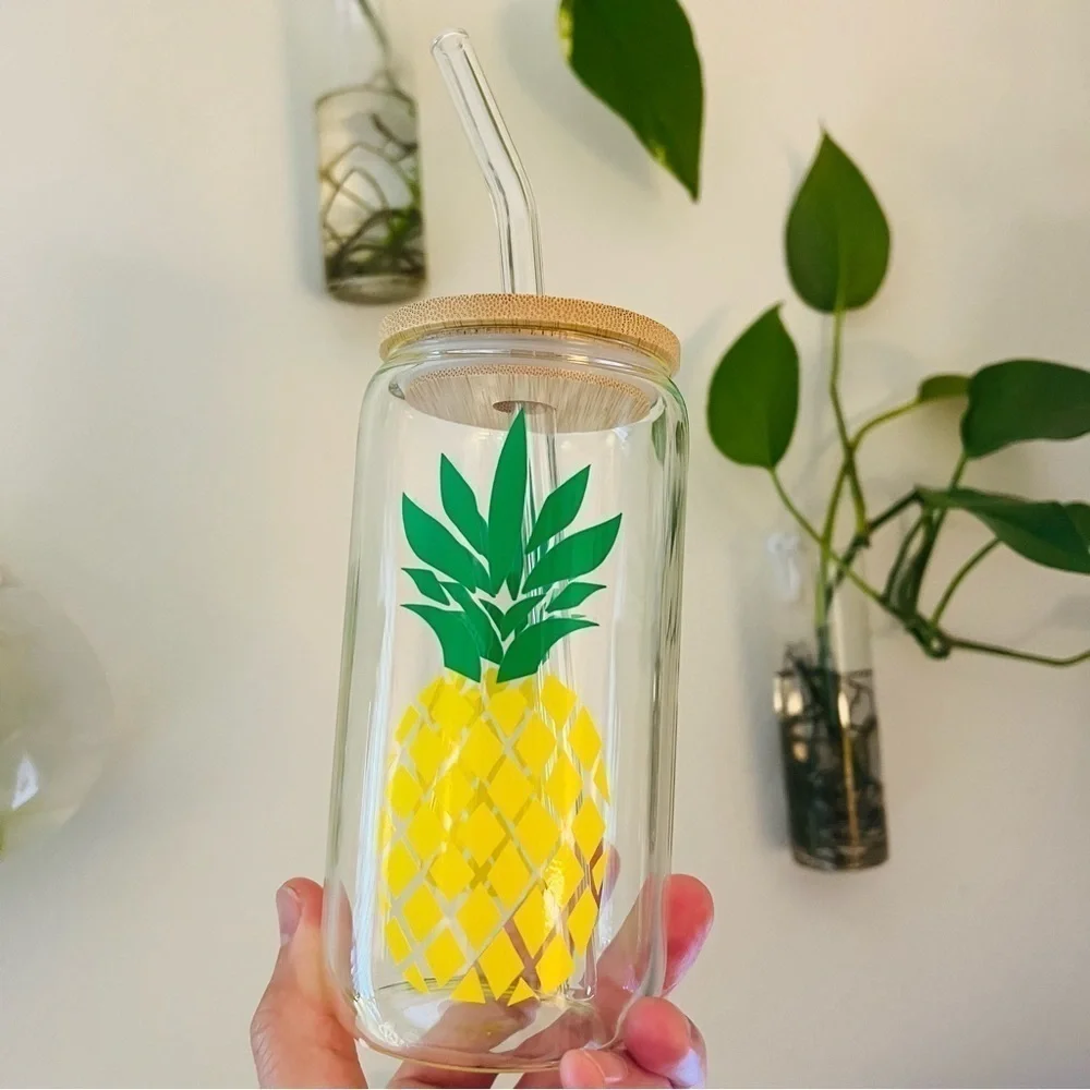 Custom Yellow/Green Pineapple Glass Tumbler Cup & Straw w/ Wood Lid NEW